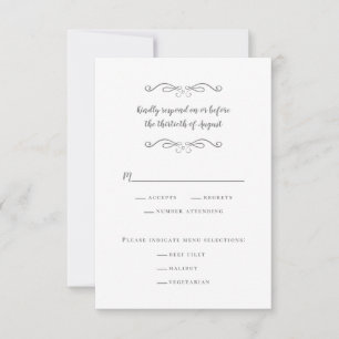 Elegantes Hochzeitsmenü Klassisch Weiß & Grau Zart RSVP Karte