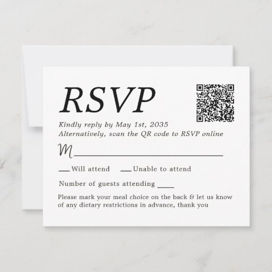 Elegantes Hochzeitsmenü mit 4 Gästekarten RSVP Karte (Vorderseite)