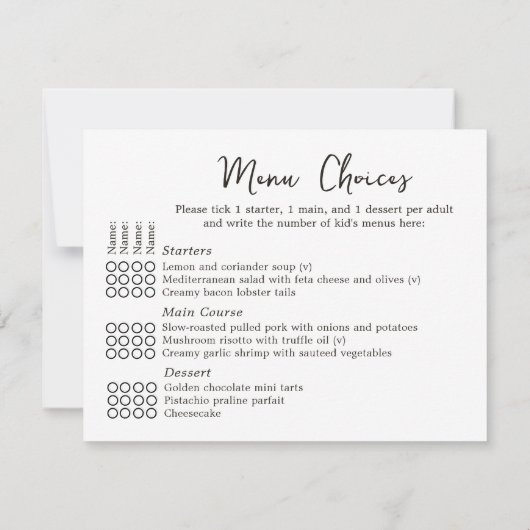 Elegantes Hochzeitsmenü mit 4 Gästekarten RSVP Karte (Rückseite)