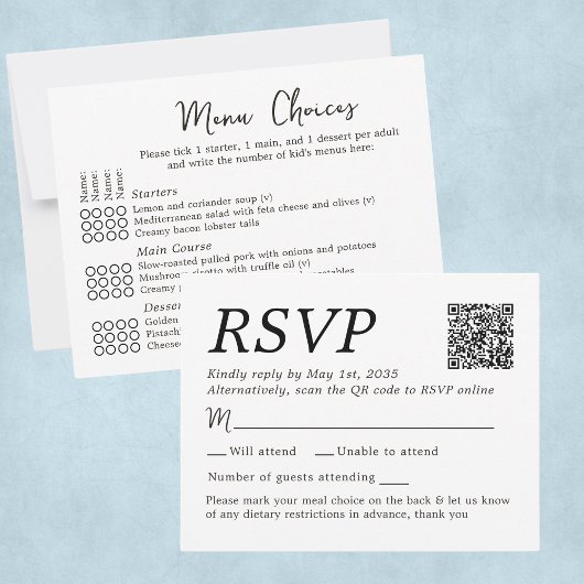 Elegantes Hochzeitsmenü mit 4 Gästekarten RSVP Karte