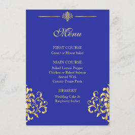 Elegantes Hochzeitsmenü mit Gold und Blue Damask Menükarte