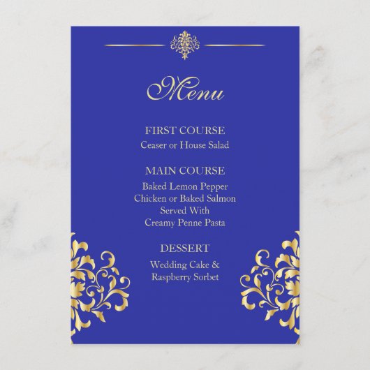 Elegantes Hochzeitsmenü mit Gold und Blue Damask Menükarte (Vorderseite)
