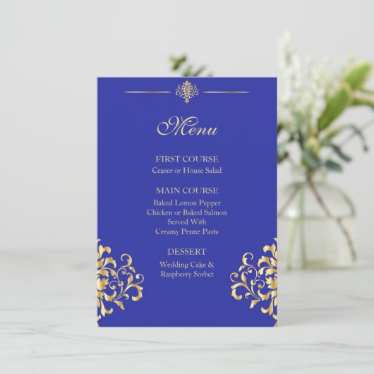 Elegantes Hochzeitsmenü mit Gold und Blue Damask Menükarte (Stehend Vorderseite)