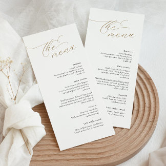 Elegantes Hochzeitsmenü mit Goldkalligrafie-Schrif Menükarte