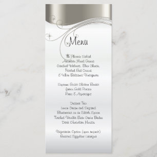 Elegantes Hochzeitsmenü mit Silber und Weiß Satin Menükarte