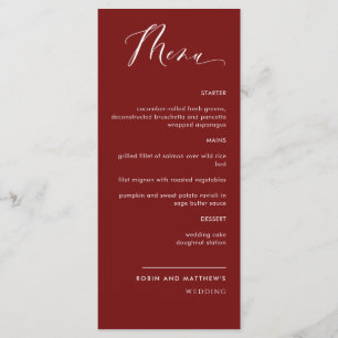 Elegantes Hochzeitsmenü von Burgundy Red Calligrap Menükarte