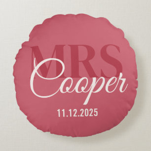 Elegantes Hochzeitspaar Name Rot Elfenbeinfarben Rundes Kissen