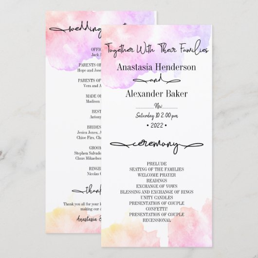 Elegantes Hochzeitsprogramm. (Vorne/Hinten)