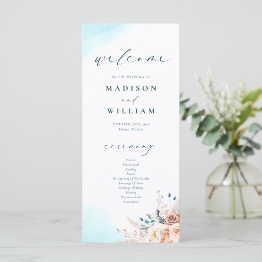 Elegantes Hochzeitsprogramm am Strand Menükarte (Stehend Vorderseite)