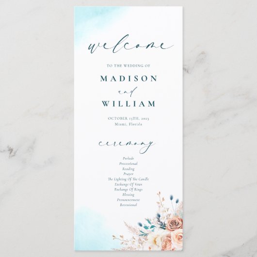 Elegantes Hochzeitsprogramm am Strand Menükarte (Vorderseite)