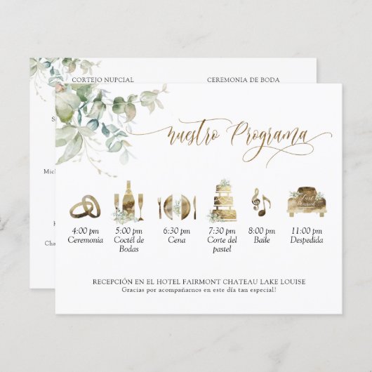 Elegantes Hochzeitsprogramm auf Spanisch mit Grün (Vorne/Hinten)