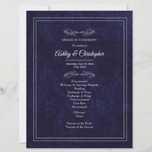 Elegantes Hochzeitsprogramm aus navyblauem Samt un (Vorderseite)