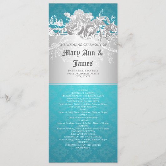 Elegantes Hochzeitsprogramm Barock Geblüht Blau Programm (Vorderseite)