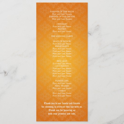 Elegantes Hochzeitsprogramm Barock Geblüht Orange Programm (Rückseite)