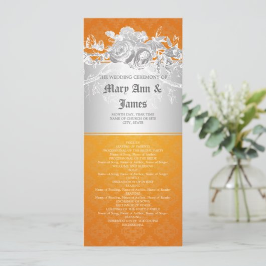 Elegantes Hochzeitsprogramm Barock Geblüht Orange Programm (Stehend Vorderseite)