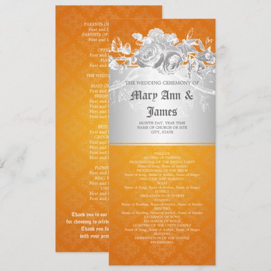 Elegantes Hochzeitsprogramm Barock Geblüht Orange Programm (Vorne/Hinten)