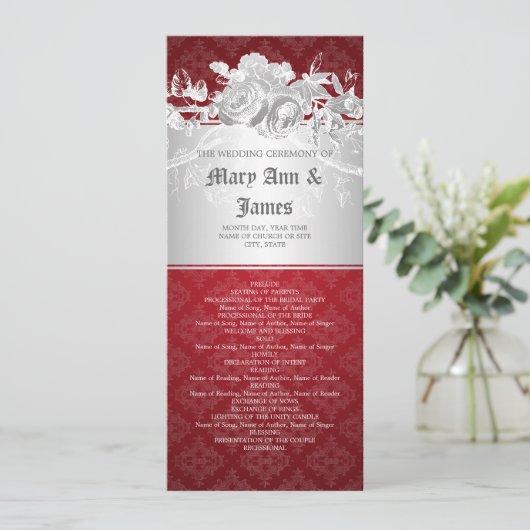 Elegantes Hochzeitsprogramm Barock Geblüht Rot Programm (Stehend Vorderseite)