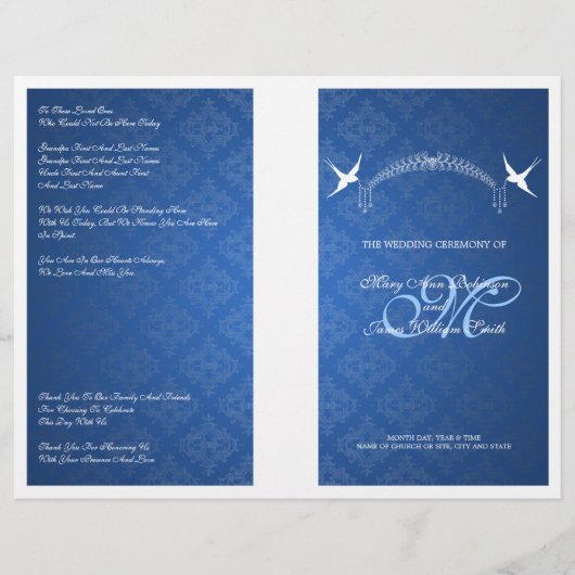 Elegantes Hochzeitsprogramm Birds Monogram Blue (Vorderseite)