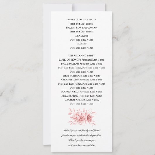Elegantes Hochzeitsprogramm Blush Pink, Blumenschr Einladung (Rückseite)