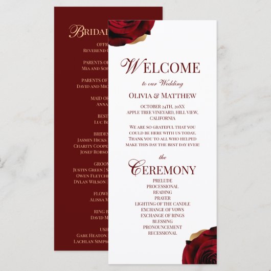 Elegantes Hochzeitsprogramm Burgund (Vorne/Hinten)