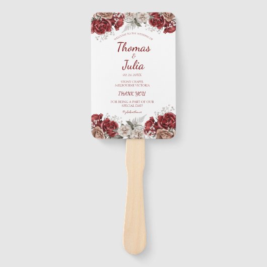 Elegantes Hochzeitsprogramm Burgund & Silver Flora Fächer (Vorderseite)