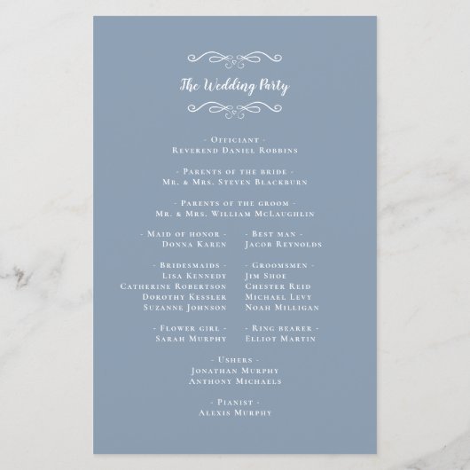 Elegantes Hochzeitsprogramm Dusty Blue Chic (Rückseite)