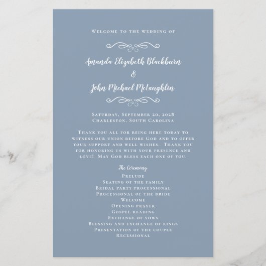 Elegantes Hochzeitsprogramm Dusty Blue Chic (Vorderseite)