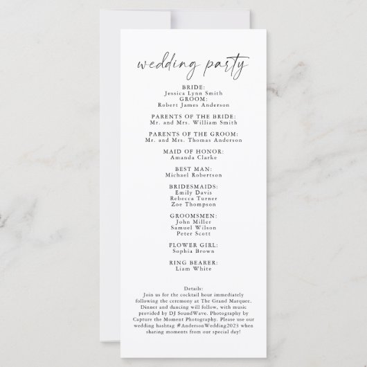 Elegantes Hochzeitsprogramm, einfache Reihenfolge  (Rückseite)