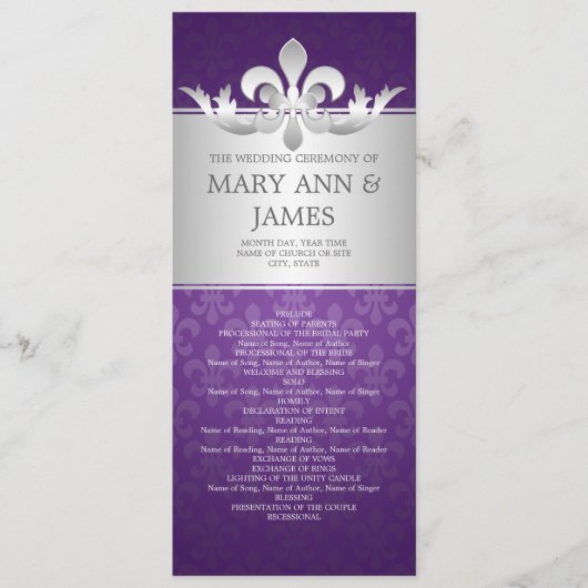 Elegantes Hochzeitsprogramm Fleur De Lis Lila Programm (Vorderseite)
