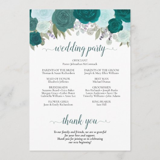 Elegantes Hochzeitsprogramm für Aquamarine und Aqu Einladung (Rückseite)