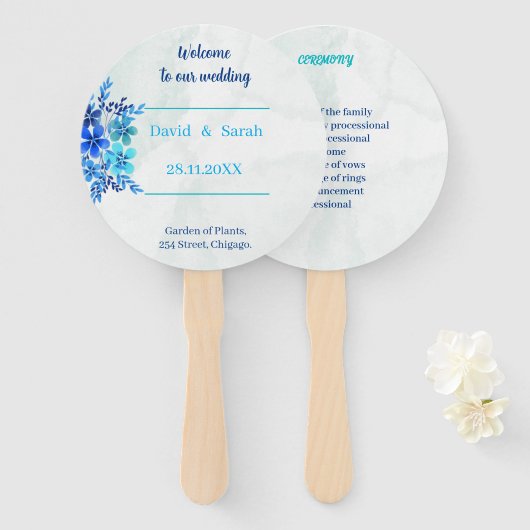 Elegantes Hochzeitsprogramm für Blue Custom Blume Fächer (Vorne und Hinten)