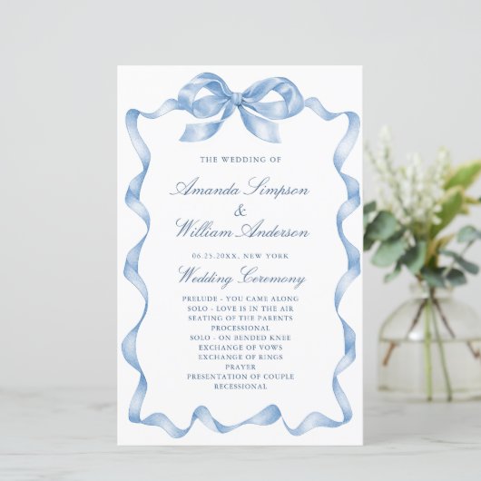 Elegantes Hochzeitsprogramm für Blue Hand Drawn Bo (Stehend Vorderseite)