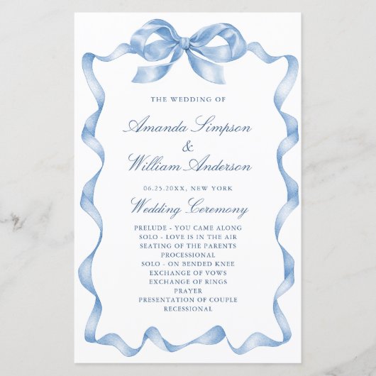 Elegantes Hochzeitsprogramm für Blue Hand Drawn Bo (Vorderseite)