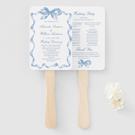 Elegantes Hochzeitsprogramm für Blue Hand Drawn Bo Fächer (Vorne und Hinten)