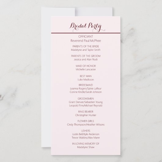 Elegantes Hochzeitsprogramm für Burgandy Blush (Rückseite)