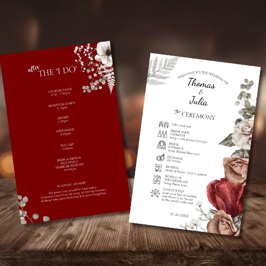 Elegantes Hochzeitsprogramm für Burgunder Wasserfa