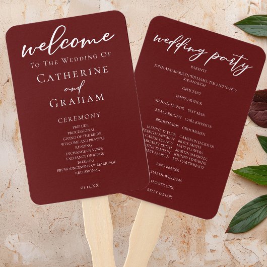 Elegantes Hochzeitsprogramm für Burgundy-Typografi Fächer