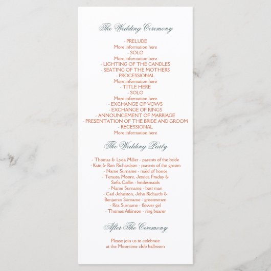 Elegantes Hochzeitsprogramm für den Strand Programm (Rückseite)