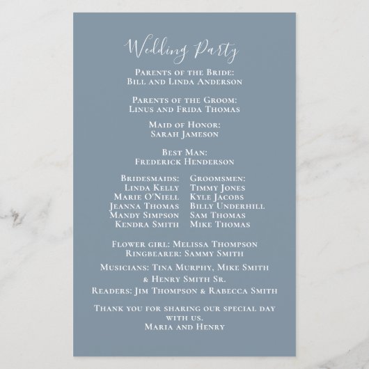 Elegantes Hochzeitsprogramm für die Rose Dusty Blu (Rückseite)