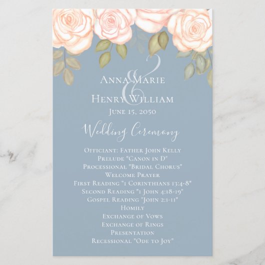 Elegantes Hochzeitsprogramm für die Rose Dusty Blu (Vorderseite)