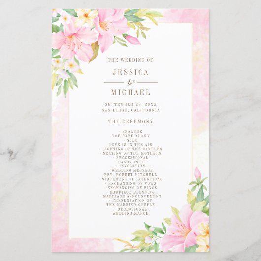 Elegantes Hochzeitsprogramm für die Wasserfarbe Ro (Vorderseite)