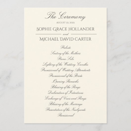 Elegantes Hochzeitsprogramm für Elfenbein Programm (Vorderseite)