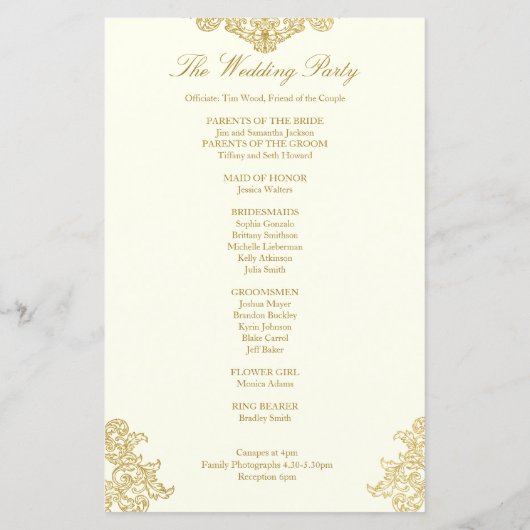Elegantes Hochzeitsprogramm für Elfenbein und Gold (Rückseite)