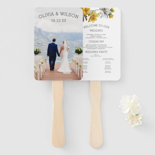 Elegantes Hochzeitsprogramm für Gelbe Flora mit Fo Fächer (Vorne und Hinten)