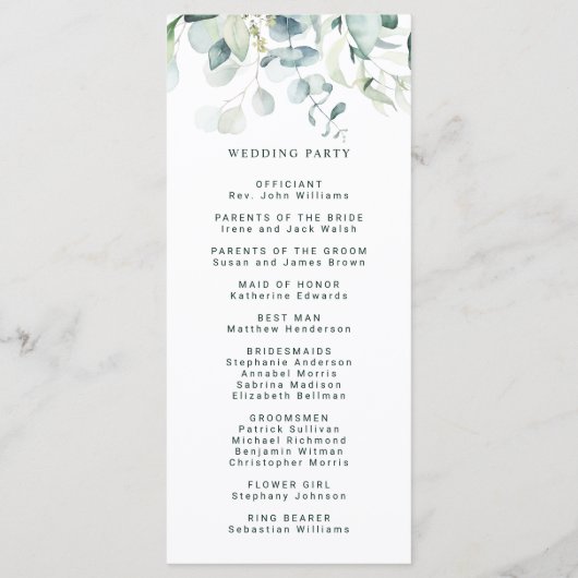 Elegantes Hochzeitsprogramm für Grünfolien Programm (Rückseite)