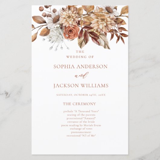 Elegantes Hochzeitsprogramm für Herbst (Vorderseite)