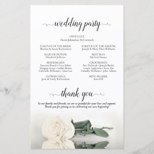 Elegantes Hochzeitsprogramm für Ivory White Rose (Rückseite)