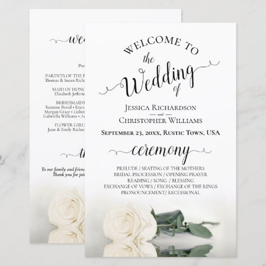 Elegantes Hochzeitsprogramm für Ivory White Rose (Vorne/Hinten)
