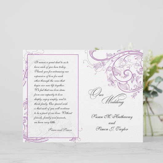 Elegantes Hochzeitsprogramm für Lila Flora (Stehend Vorderseite)