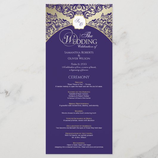 Elegantes Hochzeitsprogramm für Lila und goldene M Programm (Vorderseite)